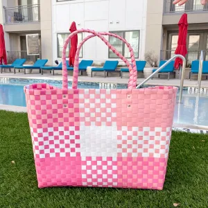 Heather Woven Beach Tote in White/Pink