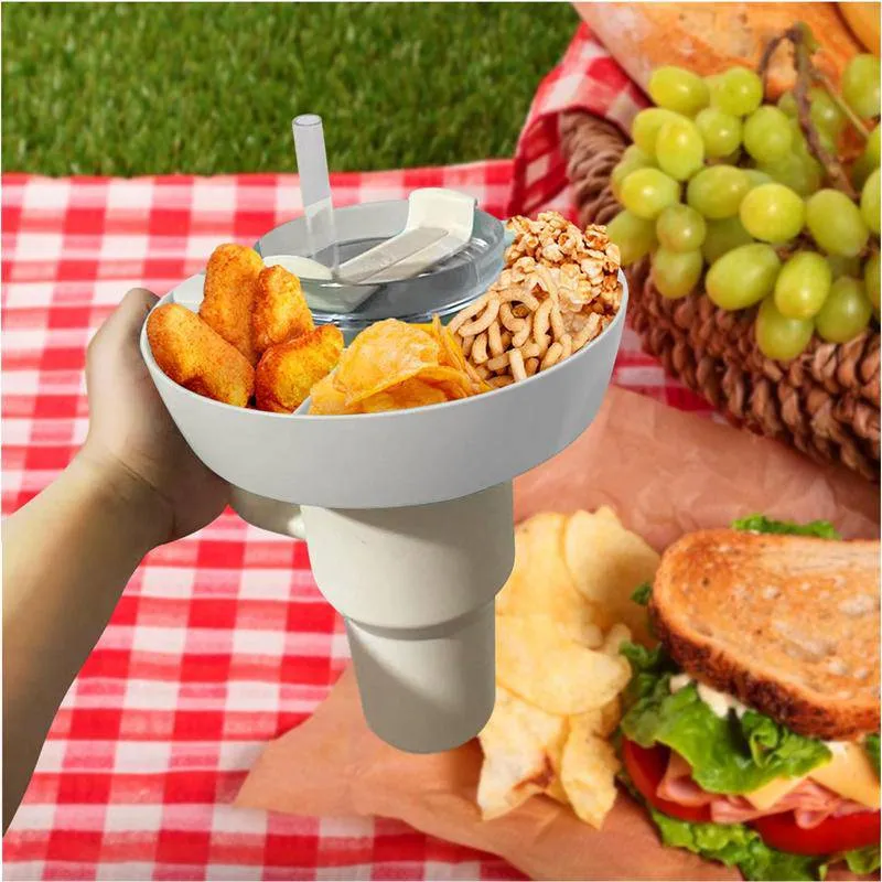 Snacks Holder Multifunctional Triple Top Popcorn Snack Bowl Drink With Straw for Stanley Quencher
