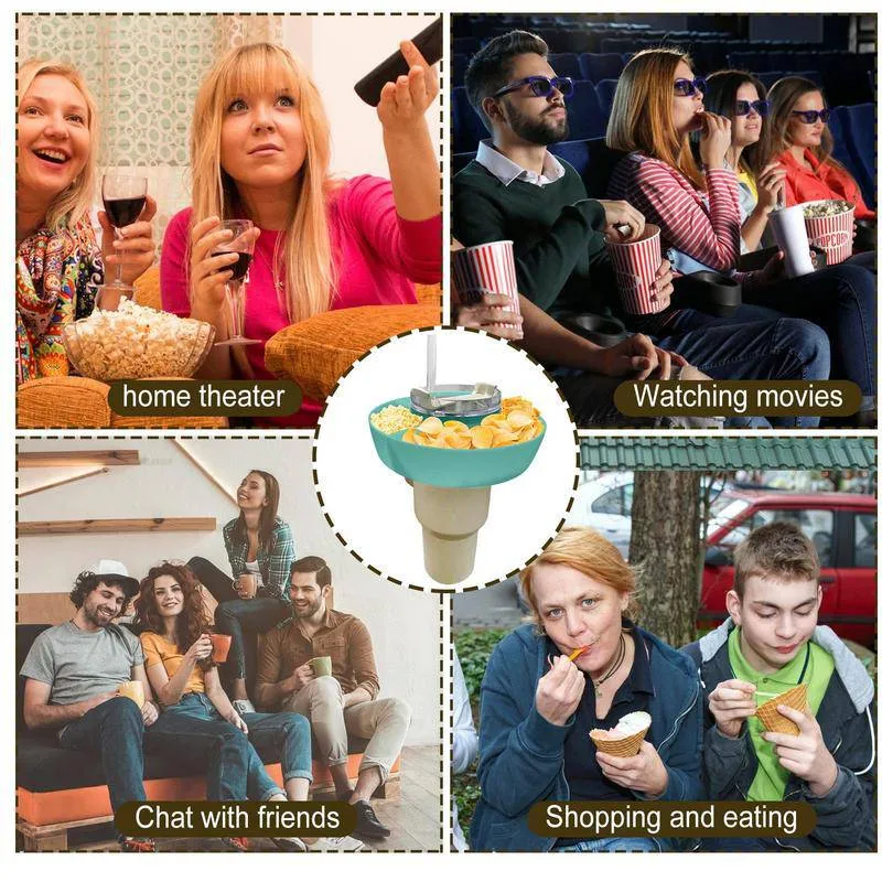 Snacks Holder Multifunctional Triple Top Popcorn Snack Bowl Drink With Straw for Stanley Quencher